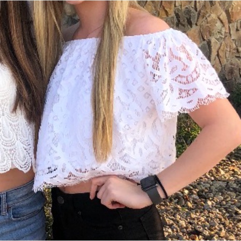 EXPRESS white laced off the shoulder crop top